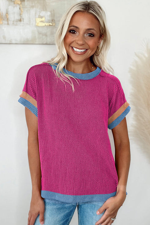 Retro Vibe Contrast Trim Corded Knit Short Sleeve Top